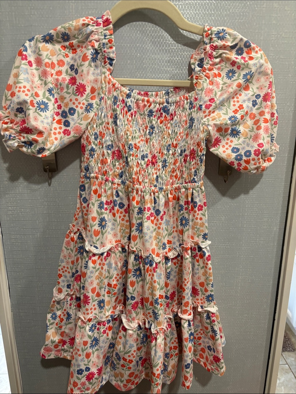 Girls' Floral Tiered Puff-Sleeve Dress - White with Multicolor Flowers